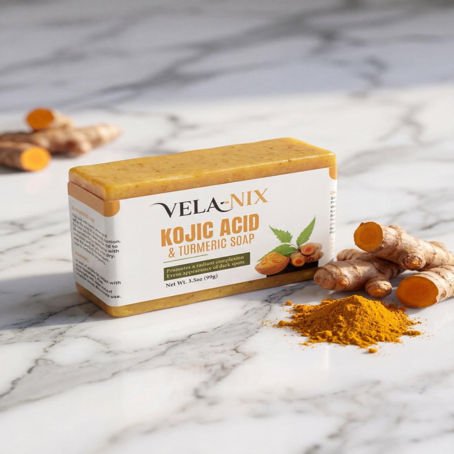 VelaNix Kojic Acid & Turmeric Soap on a marble surface with turmeric roots and powder.